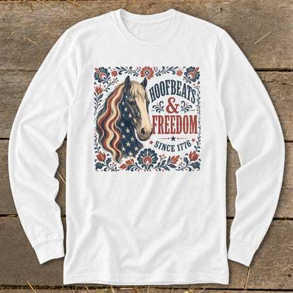 White long-sleeve shirt with a horse graphic and "Hoofbeats & Freedom Since 1776" text.