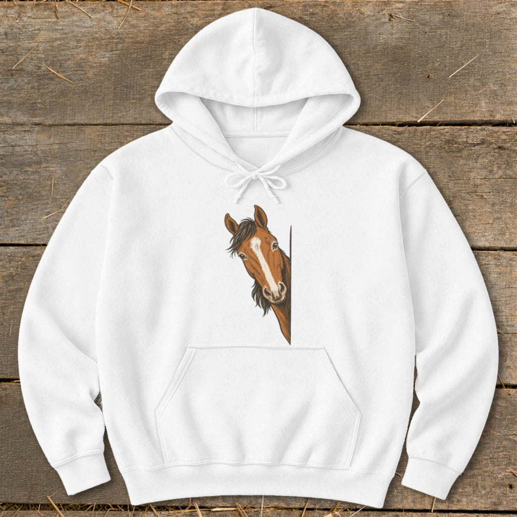 White hoodie with a brown horse peeking from the right side.