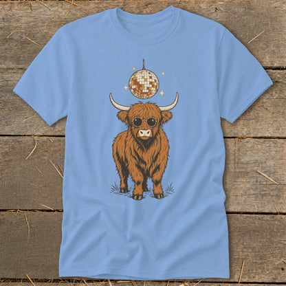 Highland cow wearing sunglasses with a disco ball hanging above.