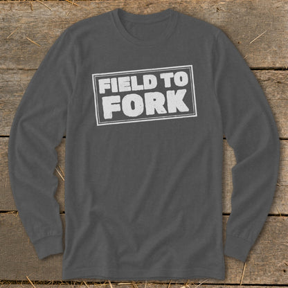 Dark gray long-sleeved t-shirt featuring a white distressed graphic with the text FIELD TO FORK.