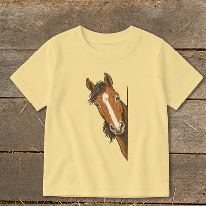 Yellow t-shirt with illustration of a brown horse peeking from the right side.