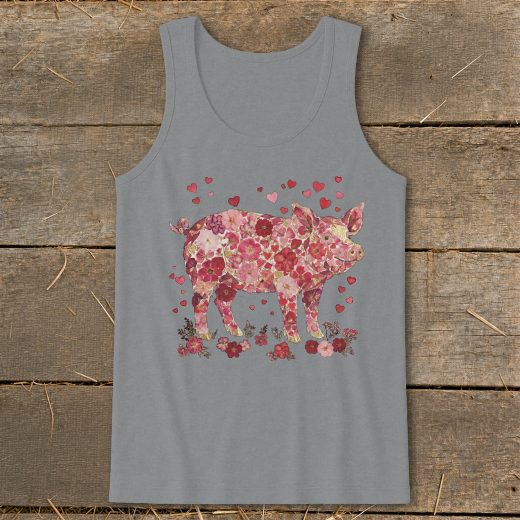 Gray tank top with a pig graphic made of pink and red flowers and hearts.