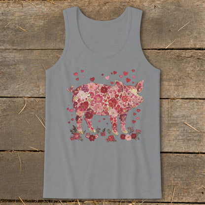 Gray tank top with a pig graphic made of pink and red flowers and hearts.
