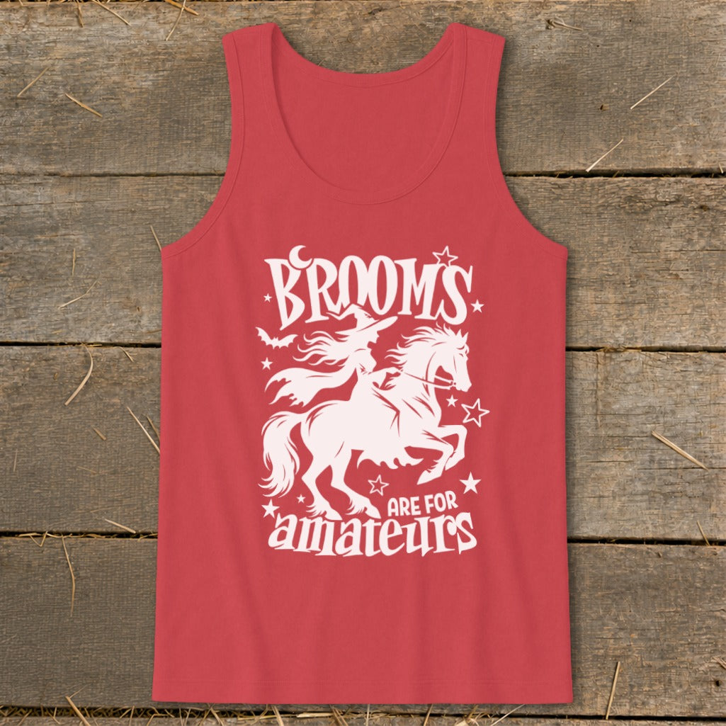 Red tank top with white graphic: witch riding horse, "Brooms Are For Amateurs" text.