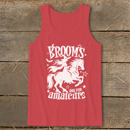 Red tank top with white graphic: witch riding horse, "Brooms Are For Amateurs" text.