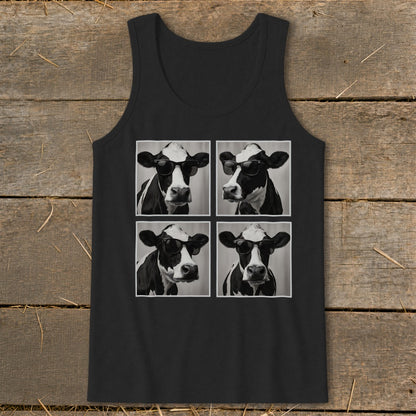 Black tank top with a four-panel print of cows wearing sunglasses.