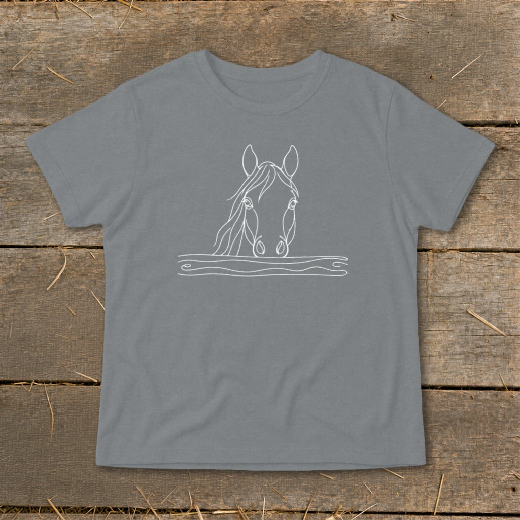 Gray t-shirt with a white line drawing of a horse's head and wavy lines.
