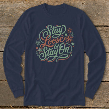 Navy long sleeve shirt with "Stay Loose & Stay On" text and nautical graphics.