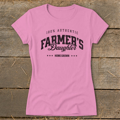 Pink t-shirt with "100% Authentic Farmer's Daughter Homegrown" graphic text.