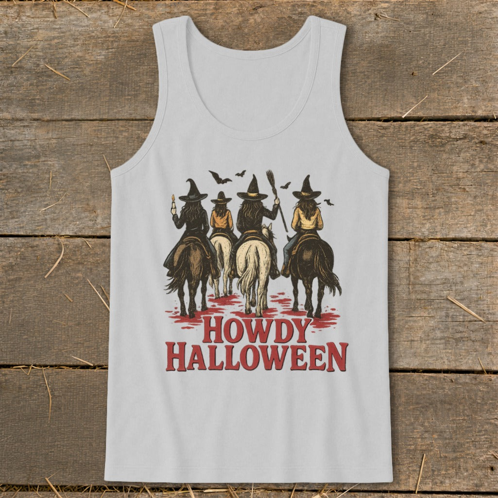 Four witches ride horses under bats, with "Howdy Halloween" text.