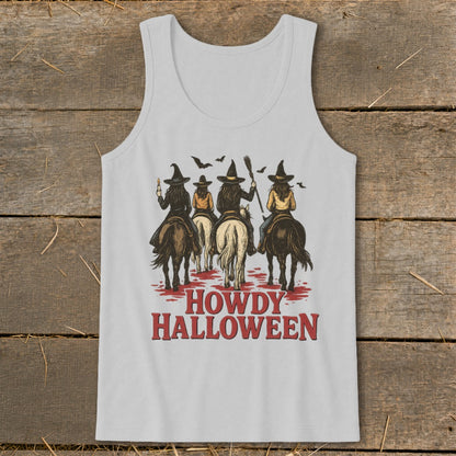 Four witches ride horses under bats, with "Howdy Halloween" text.