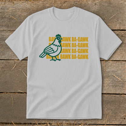 White t-shirt with a green chicken illustration and "BAWK BA-GAWK" text.