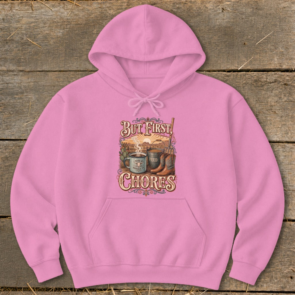 Pink hoodie with "But First, Chores" text and Western graphic.