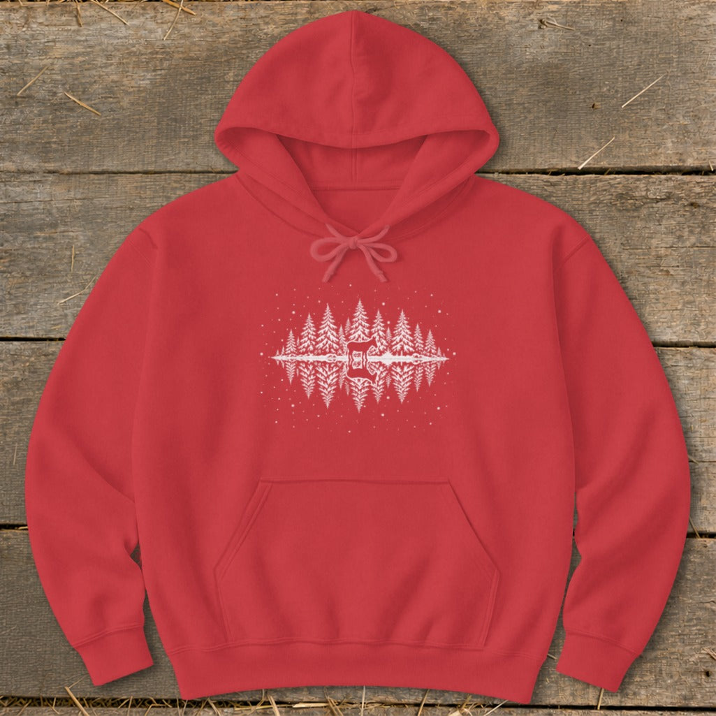 Red hoodie with a white graphic of pine trees reflecting in water with snowflakes.