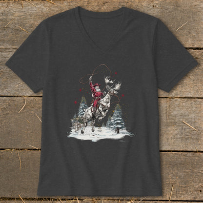 Santa Claus rides a reindeer, swinging a lasso in a snowy forest scene.
