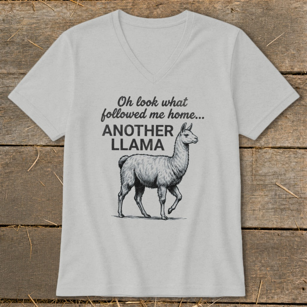 Light grey v-neck t-shirt with sketch of llama and text "Oh look what followed me home... ANOTHER LLAMA".
