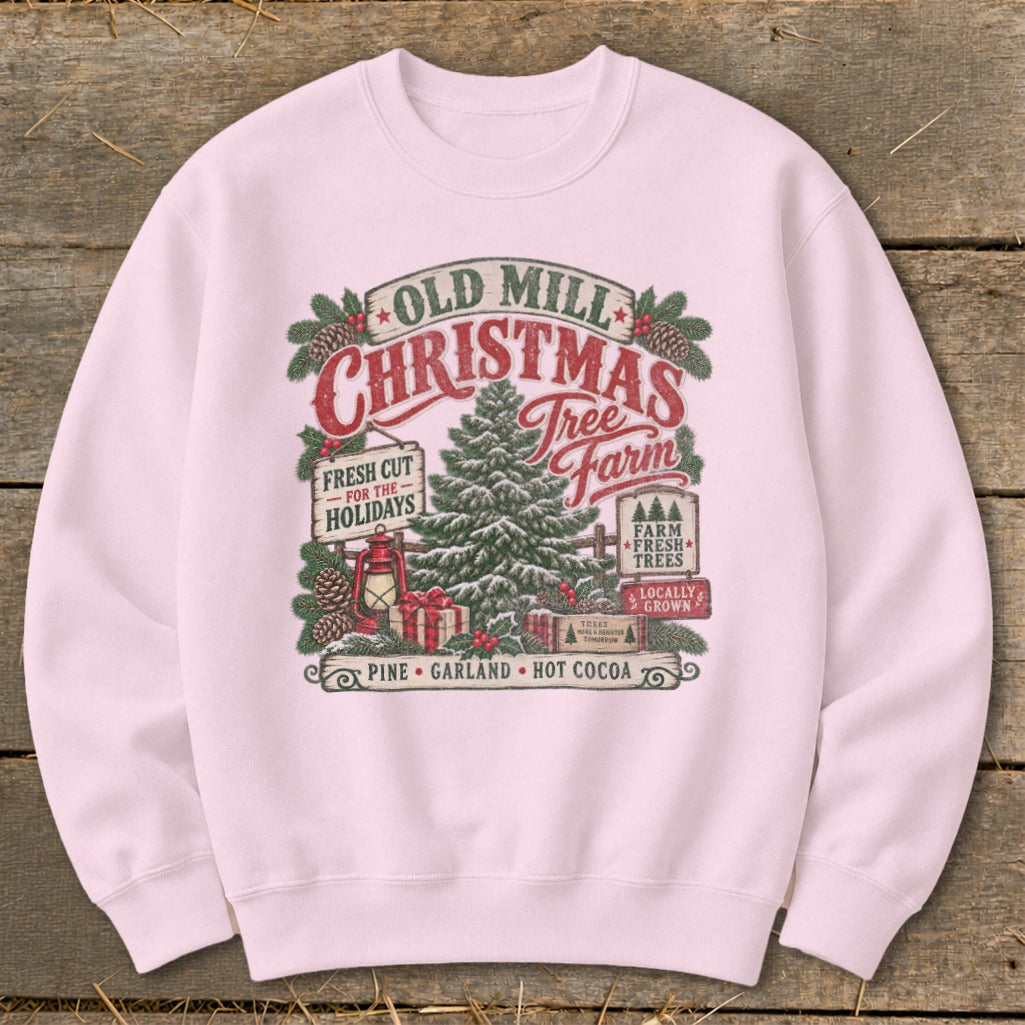 Old Mill Christmas Tree Farm graphic with pine, garland, and hot cocoa elements.