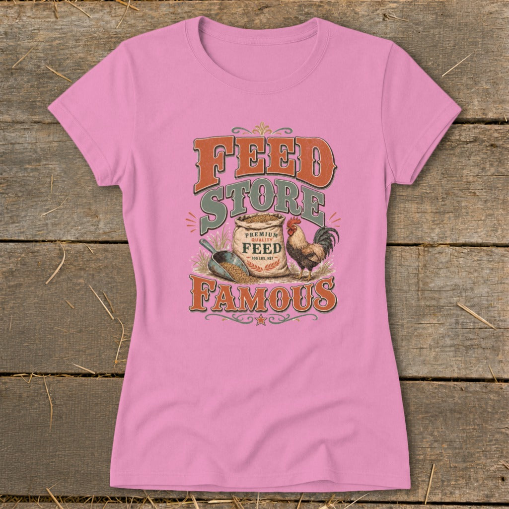 Pink t-shirt with "Feed Store Famous" text, bag of feed, shovel, and rooster graphic.