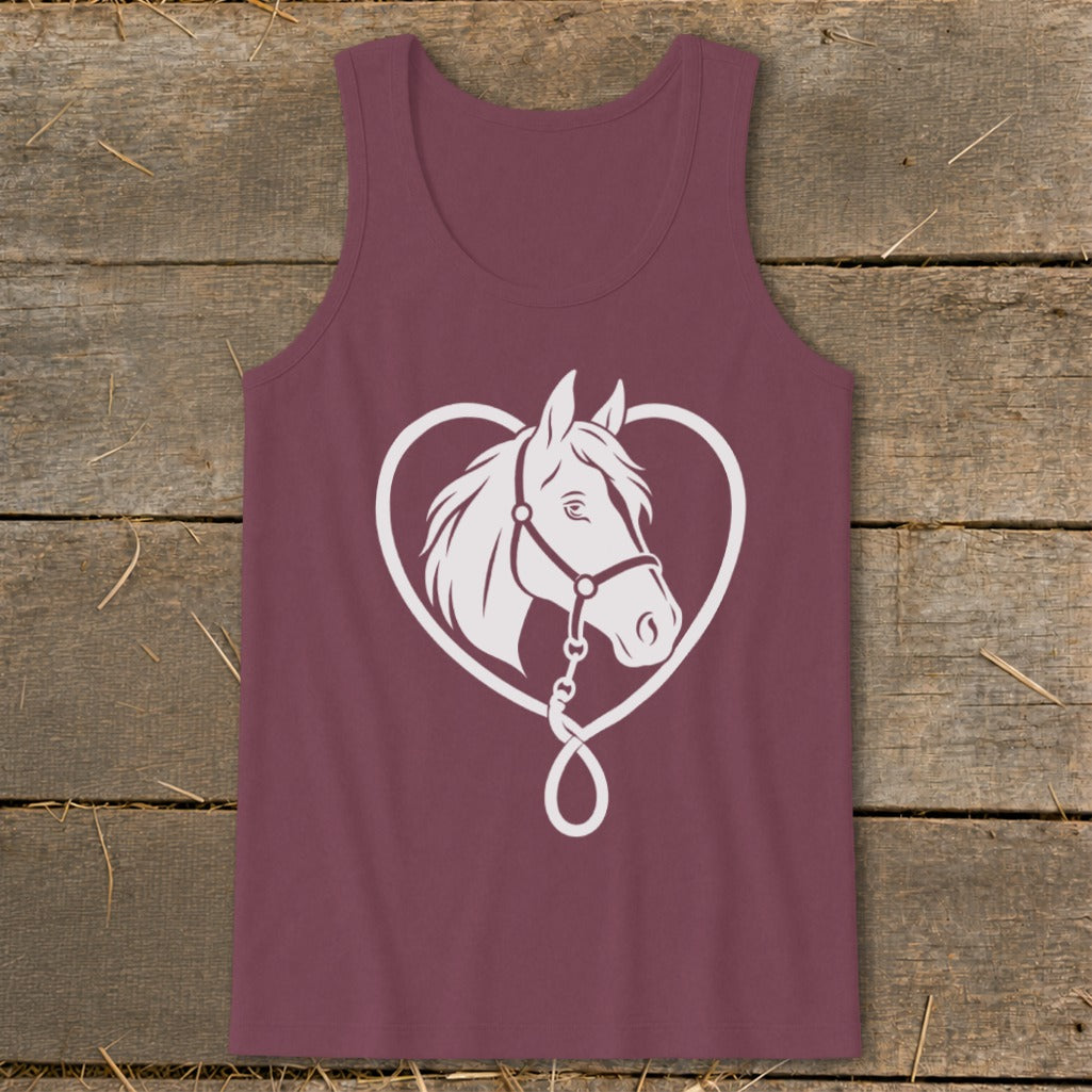 Maroon tank top featuring a white graphic of a horse head framed by a heart-shaped rein on a wooden surface.