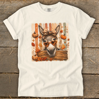 Donkey wearing heart sunglasses and bow in front of autumn leaves and pumpkins.