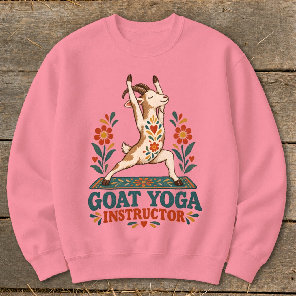 Goat performing yoga pose with "Goat Yoga Instructor" text.