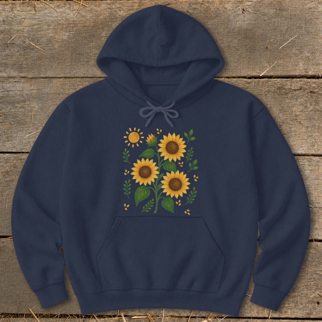 Navy hoodie with a graphic of sunflowers and a sun.