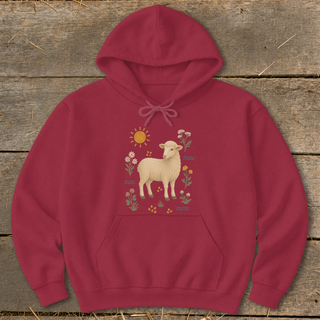 Maroon hoodie with a cream sheep graphic surrounded by flowers, sun, and water.