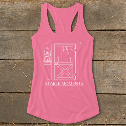 Pink tank top with white barn door, lantern, and "STABLE MOMENTS" text.
