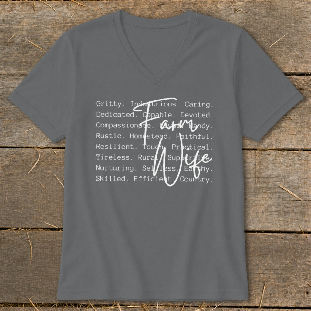 Gray V-neck t-shirt with "Farm Wife" text and descriptive words.