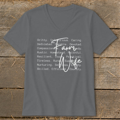 Gray V-neck t-shirt with "Farm Wife" text and descriptive words.
