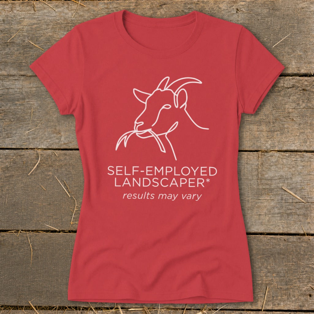 Red t-shirt with white line art of a goat eating grass and text.