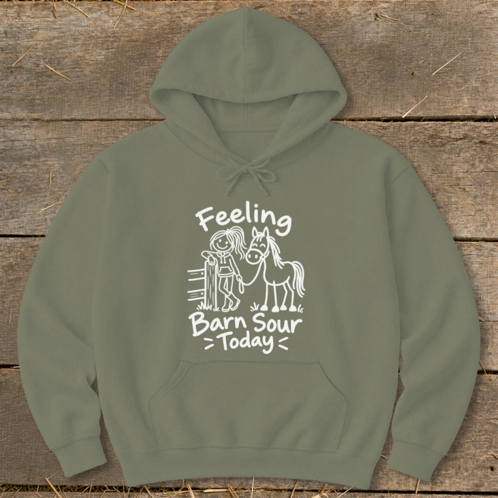 Green hoodie with "Feeling Barn Sour Today" text and girl with horse graphic.