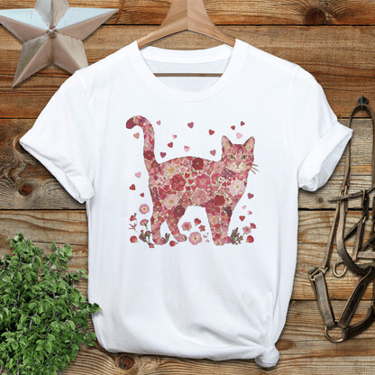 Floral Cat Print with Hearts on White T-Shirt