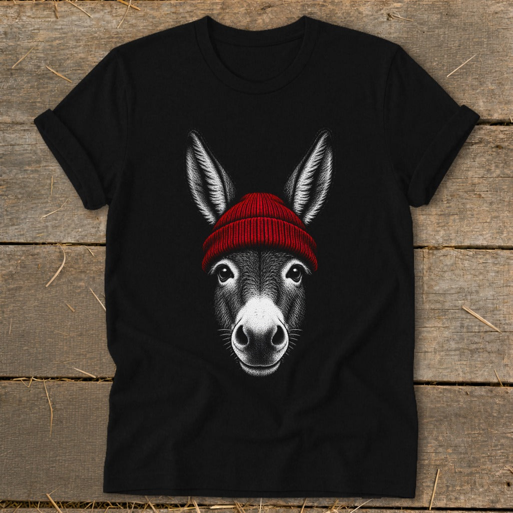 A black t-shirt featuring a graphic of a donkey wearing a red beanie.