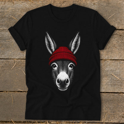 A black t-shirt featuring a graphic of a donkey wearing a red beanie.
