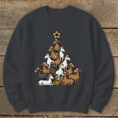 Christmas tree made of horses wearing Santa hats, topped with a star.