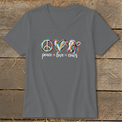 T-shirt with peace, heart, and cow graphics and text "peace love cows".
