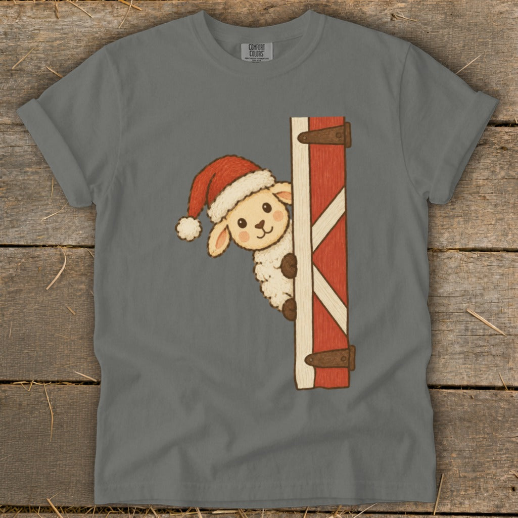 Cartoon sheep wearing Santa hat peeking from behind red barn door.