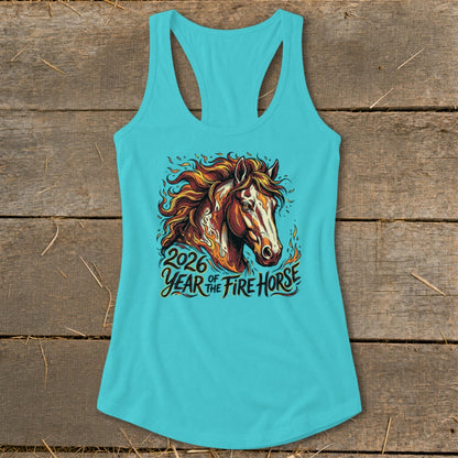 Turquoise tank top with graphic of a horse's head and text "2026 Year of the Fire Horse".