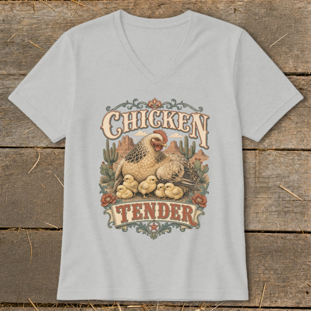 Chicken Tender text with hen and chicks, desert landscape, and cacti graphic on a t-shirt.