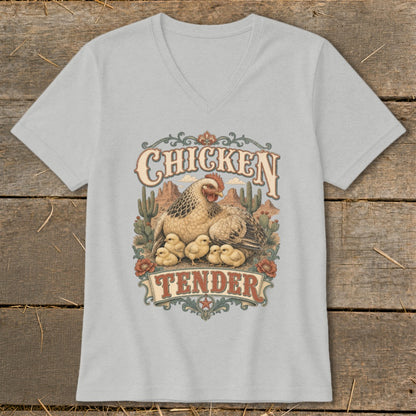 Chicken Tender text with hen and chicks, desert landscape, and cacti graphic on a t-shirt.
