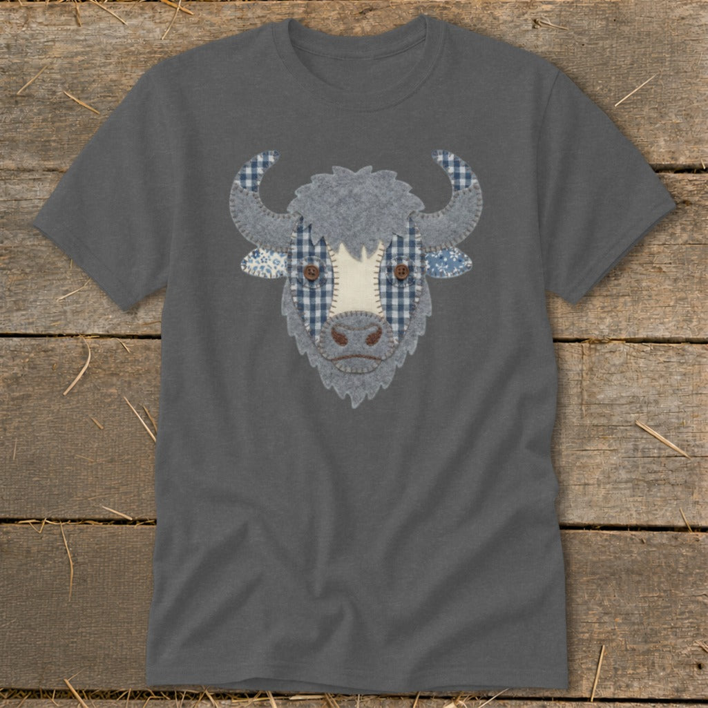 Dark gray t-shirt with a patchwork yak face graphic.