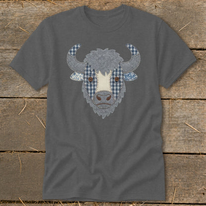 Dark gray t-shirt with a patchwork yak face graphic.