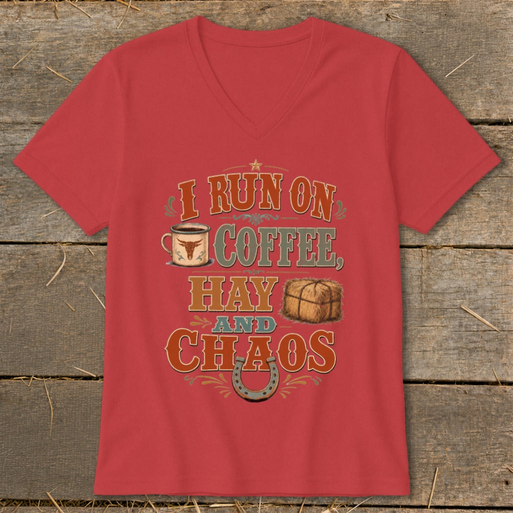 Red t-shirt with "I Run on Coffee, Hay and Chaos" graphic featuring a coffee mug, hay bale, and horseshoe.