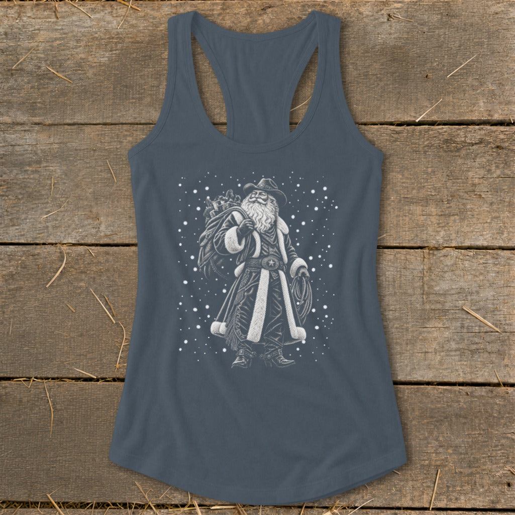 Gray tank top with western Santa graphic and falling snow.