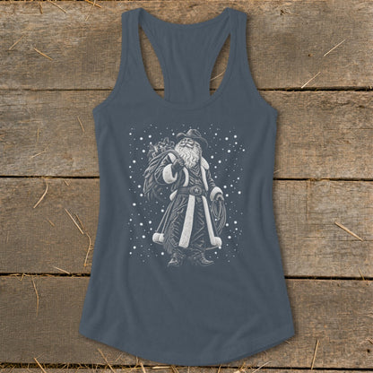 Gray tank top with western Santa graphic and falling snow.