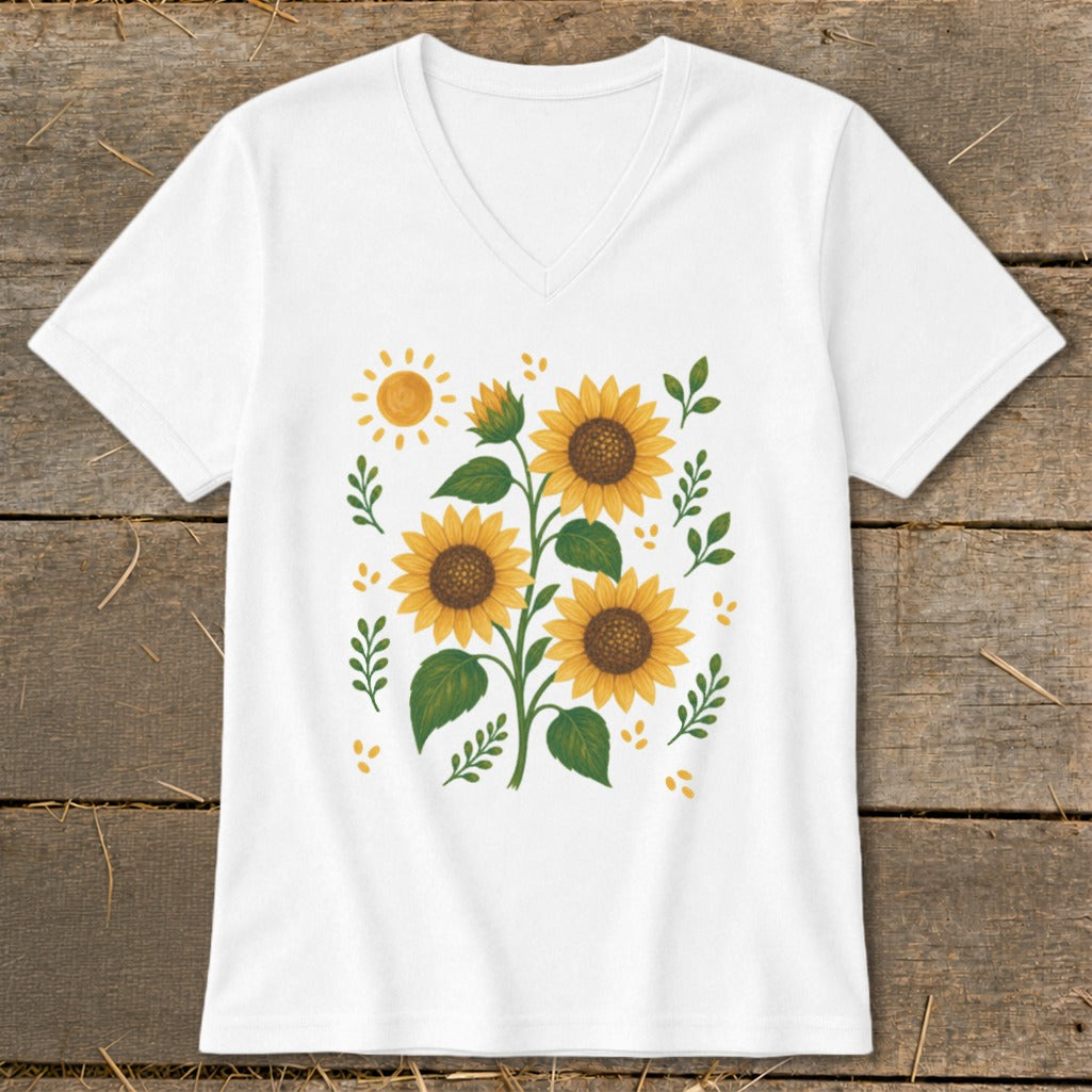 White v-neck t-shirt with a sunflower and sun graphic.
