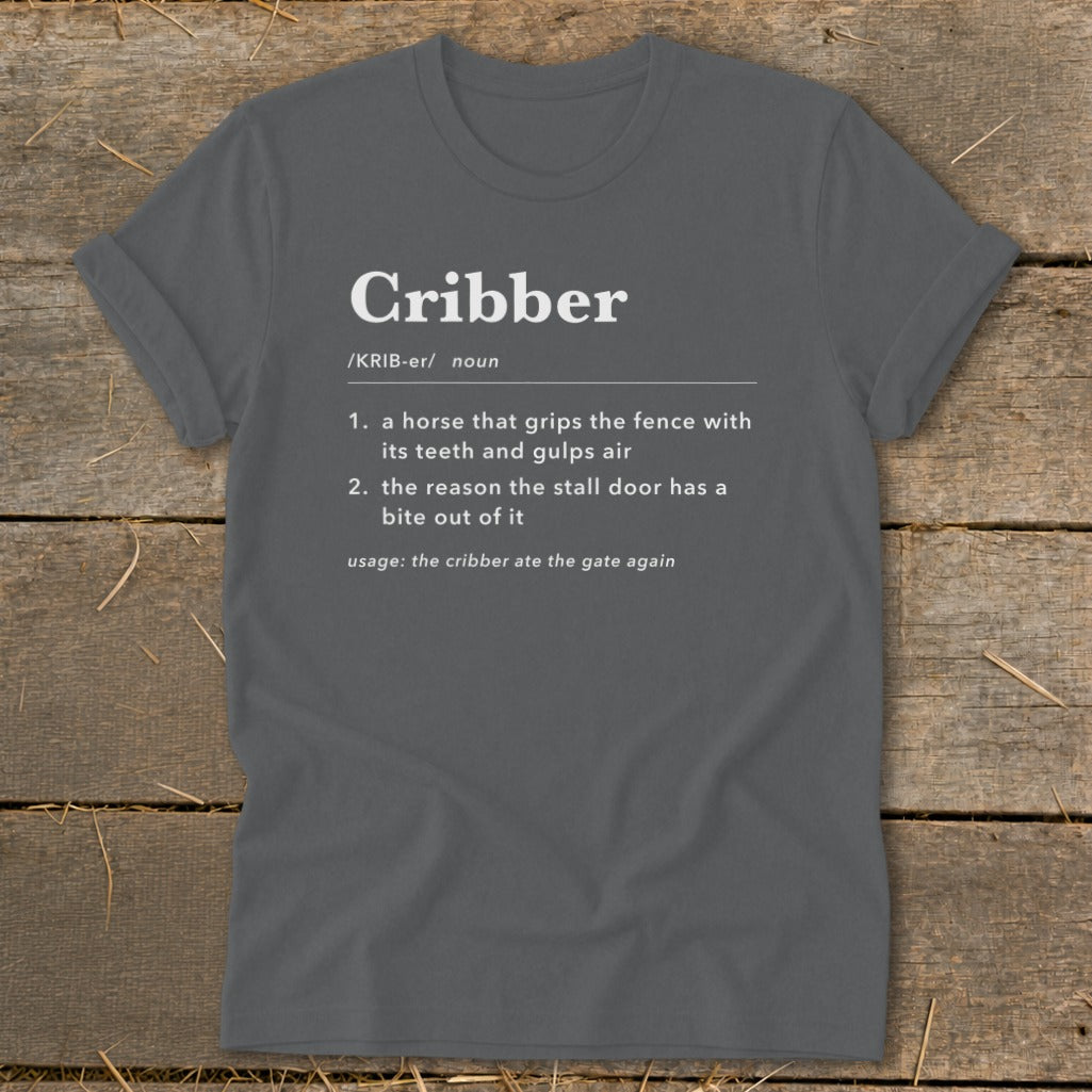 Dark grey t-shirt featuring dictionary-style text defining the word Cribber laid flat on wood planks.