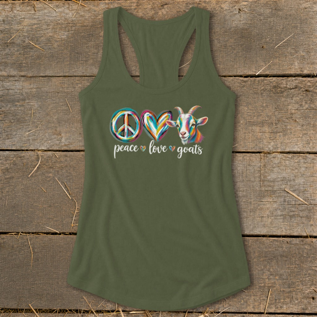 Green tank top with peace, love, and colorful goat graphic and text.