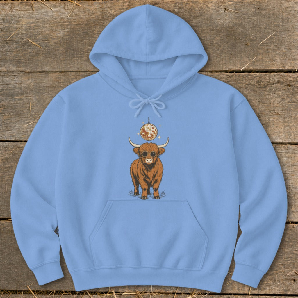 Light blue hoodie with a Highland cow graphic wearing sunglasses and a disco ball.